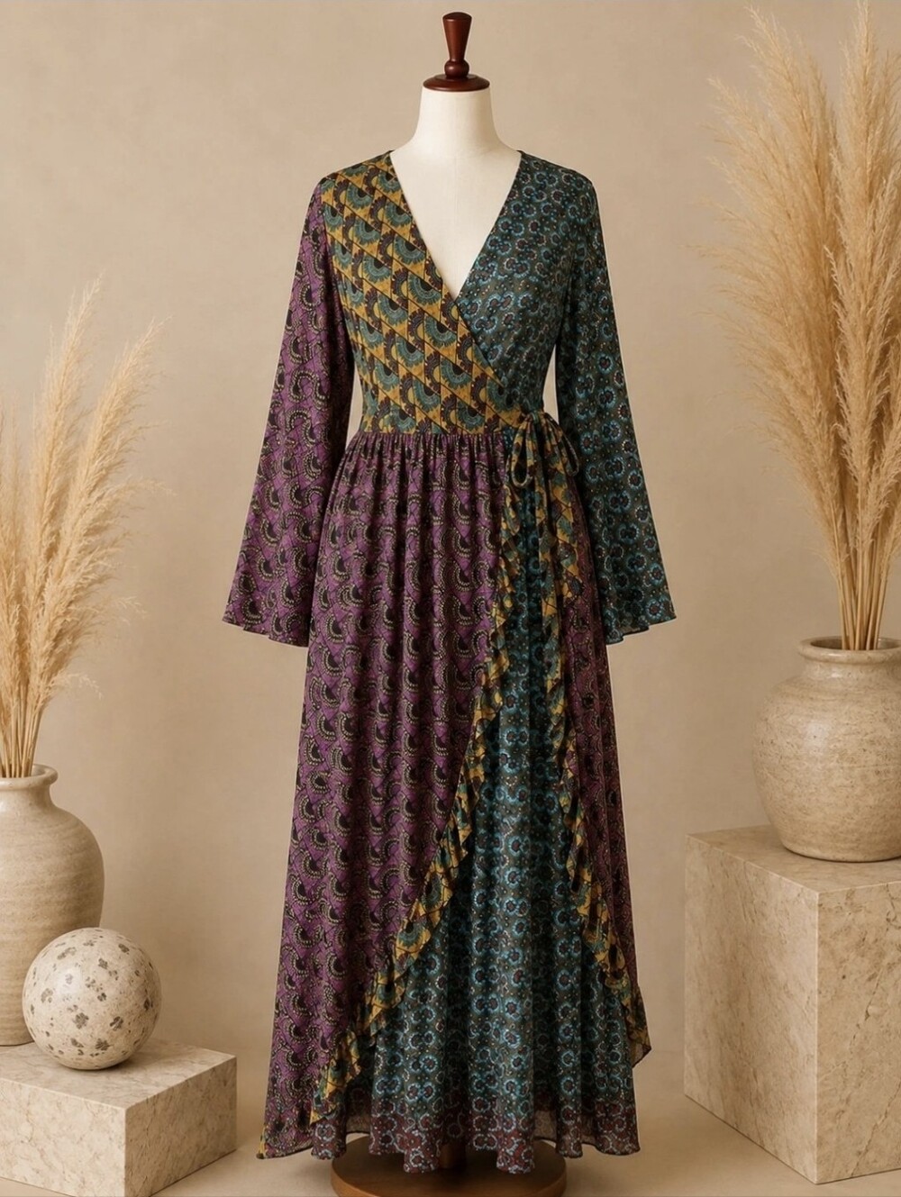 CATO Established 1946 Boho Patchwork Multi-Patterned Maxi Wrap Dress, Sz 22/24W